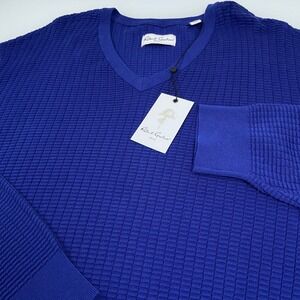 Robert Graham Mens 2XL Navy Blue Selby V-Neck Waffle Knit Cotton Sweater NEW